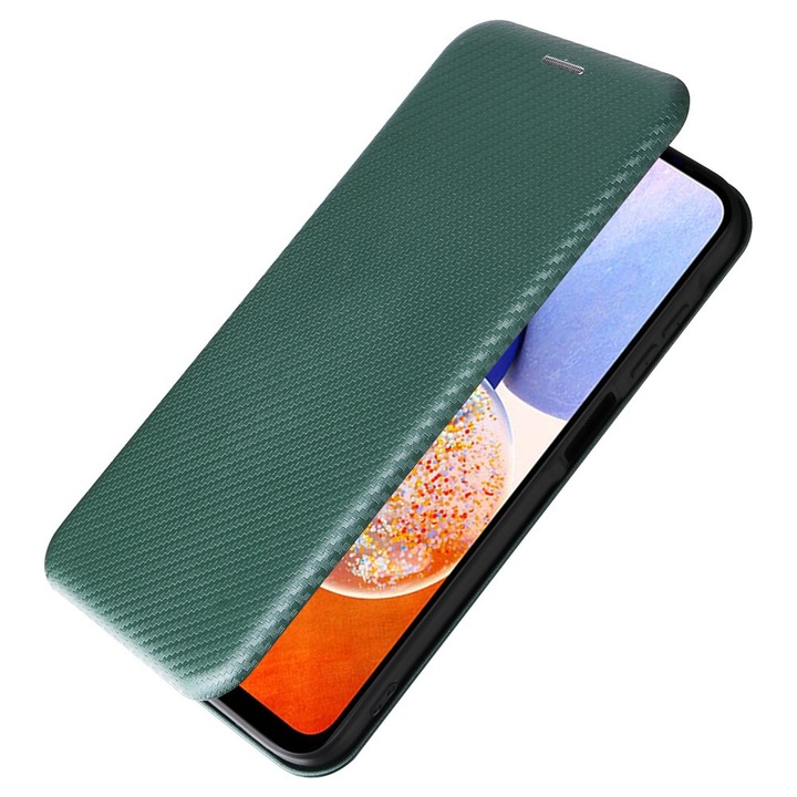 Husa de Protectie Tip Carte pentru Samsung Galaxy A16 4G/5G, Carbon Fiber Design, Suport Card, Functie Stand, Inchidere Magnetica, Proficient Protection, Verde