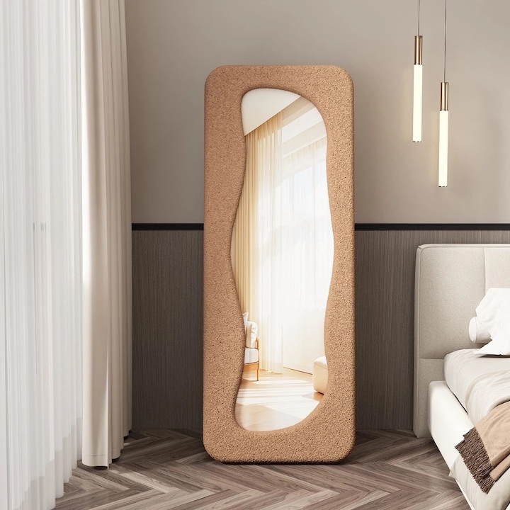 Oglinda Decorativa De Perete, MOBATELIER®, Rama Plus Tip Teddy, Montare Independenta Cu Picior De Sustinere Stabil, Forma Organica Moderna, Design Elegant Pentru Dormitor, Living Sau Dressing, Reflexie Completa Full Length, 160x60 Cm, Maro