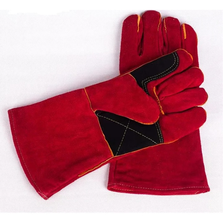 Заваръчни ръкавици ST-7, кожени, червени, 35 см, висока термозащита