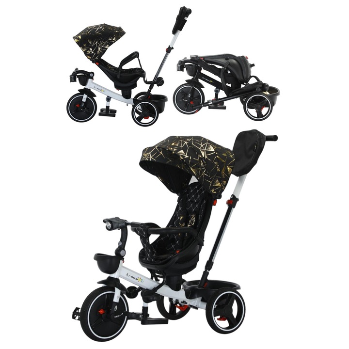 Многофункционална детска триколка, Реверсивна седалка, Позиция за сън, Сгъваема, С регулируем сенник, Родителска дръжка и подложка за крака, Музика и светлини, Черна със златисто