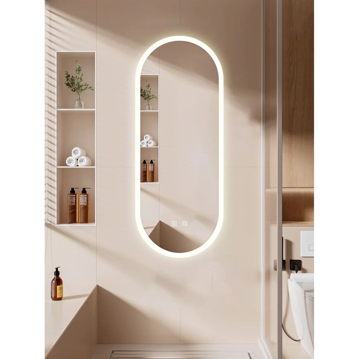 Oglinda Baie, MOBATELIER®, Multifunctionala Cu Iluminare LED Touch, Intensitate Reglabila, Sistem Dezaburire Anti-Aburire Cu Control Separat, Sticla Calita 4 mm Rezistenta La Umiditate, Functie Memorie Inteligenta, Montare Pe Perete, 100x40 Cm, Alb