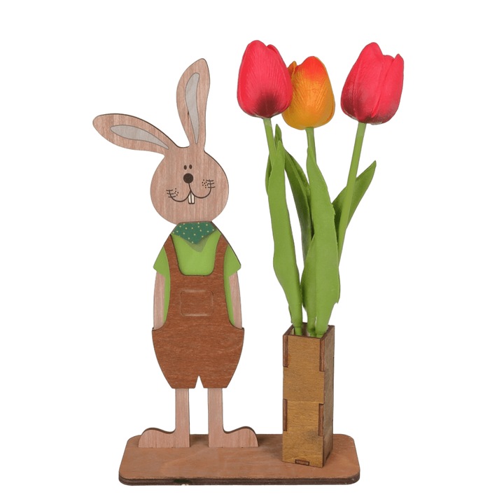 Iepuras decorativ verde cu lalea din lemn, decoratiune de Paste, 26x15.5 cm