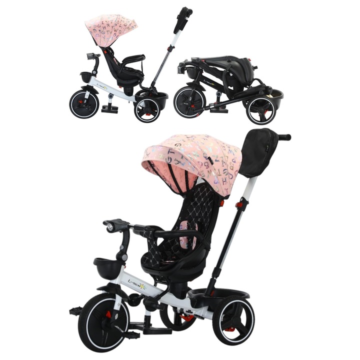 Многофункционална Детска Триколка, Реверсивна Седалка, Позиция за Сън, Сгъваема, С Регулируем Сенник, Родителска Дръжка и Опора за Крака, Музика и Светлини, Розова