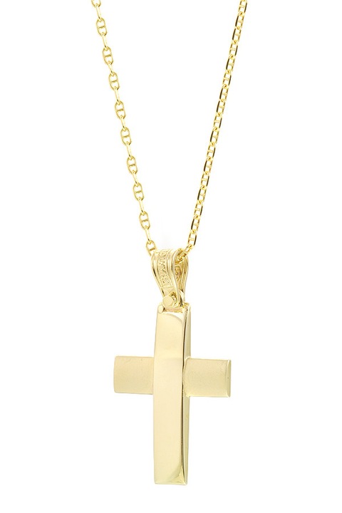 Crucifix din aur de 14K cu lant din aur de 9K, TRIANTOS, bijuterii dama