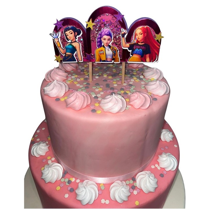 Topper pentru tort 3D, K-Pop Girls, cu gemulet transparent si sclipici colorat