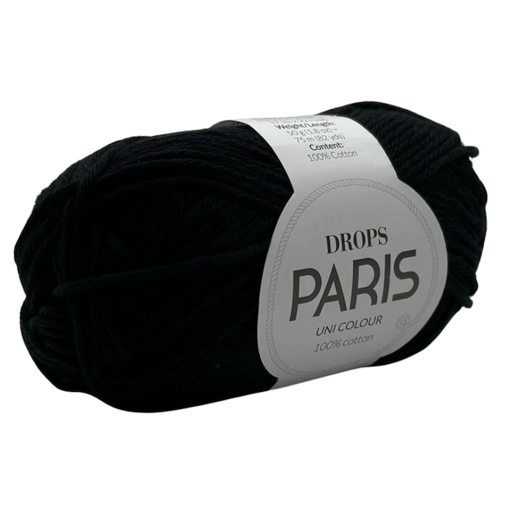 Fir de tricotat si crosetat DROPS Paris – 100% bumbac, 50g/75m, ideal pentru accesorii, articole copii, jucarii amigurumi si proiecte creative, Negru