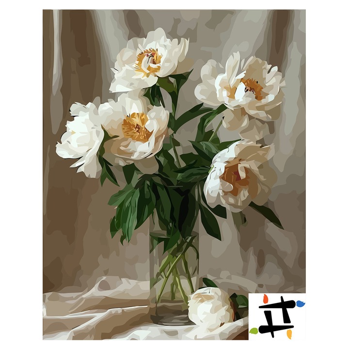 Комплект за рисуване по номера Бели цветя във ваза 6533, памучно платно върху дървена рамка, 40x50 см, картина със скица, 3 четки и акрилна боя
