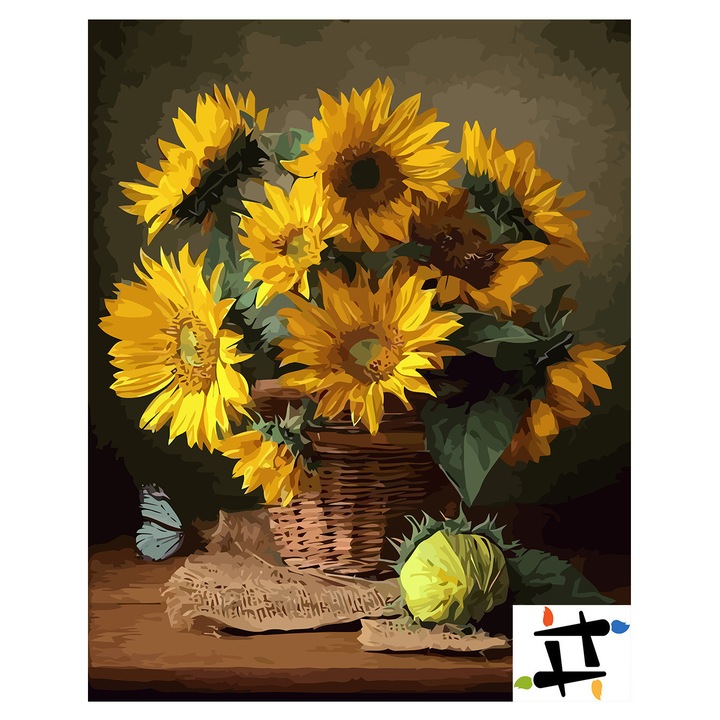 Set pictura pe numere Floarea soarelui in cos 6535, panza bumbac pe rama lemn, 40x50 cm, tablou cu schita, 3 pensule si vopsea acrilica