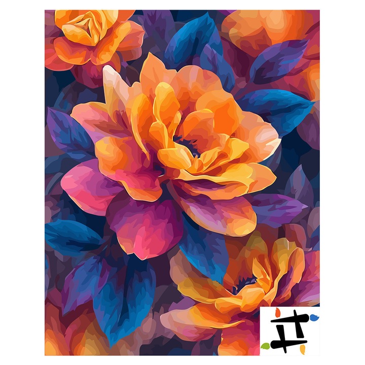 Комплект картина по номера Цветни далии 6536, памучно платно върху дървена рамка, 40x50 см, картина със скица, 3 четки и акрилна боя