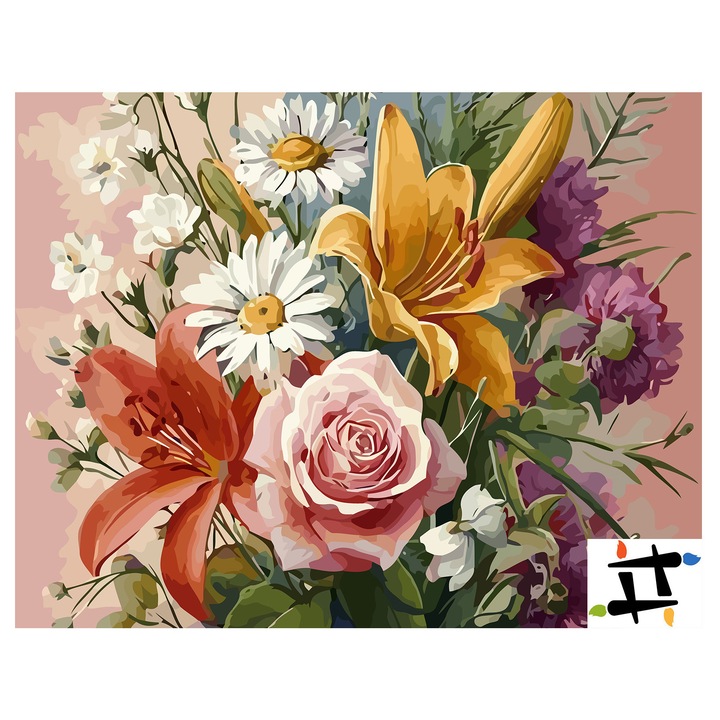 Комплект картина по номера Букет Цветен 6538, памучно платно на дървена рамка, 40x50 см, картина със скица, 3 четки и акрилна боя
