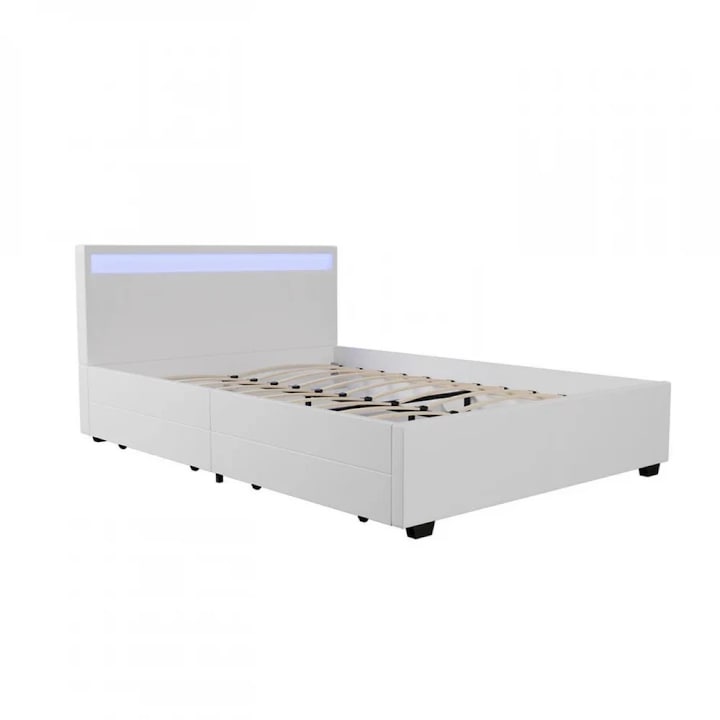 Pat Tapitat, MOBATELIER®, 140x200 Cm, Cu Iluminare LED RGB Si Telecomanda, 4 Sertare Depozitare, Tablie Tapitata Confortabila, Cadru Lemn MDF Metal Rezistent, Pat Tapitat Dormitor Modern Cu Suport Saltea Inclus, Piele PU Durabila, Pat Tapitat, Alb