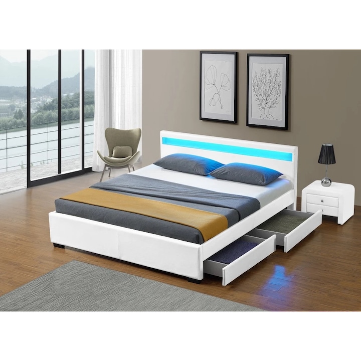 Pat Tapitat, MOBATELIER®, 160x200 Cm, Pat Tapitat Cu Iluminare LED RGB Si Telecomanda, 4 Sertare Depozitare Spatioase, Cadru Lemn MDF Metal Rezistent, Suport Saltea Inclus Cu Sipci Durabile, Design Modern Dormitor, Piele PU Eleganta, Alb