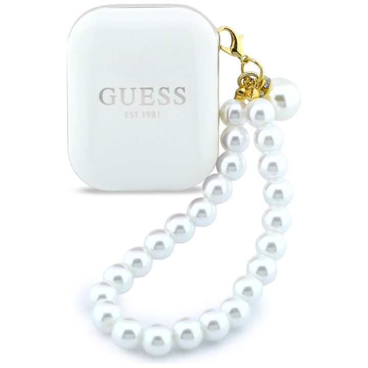 Casti wireless TWS Guess Pearl Strap, Bluetooth 5.4, 380 mAh, Autonomie 5h, USB-C, Alb