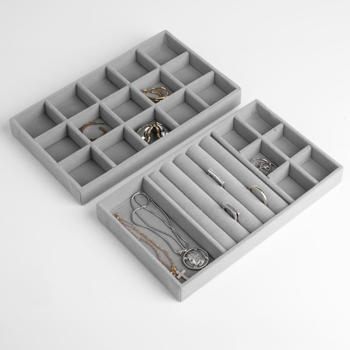 Set 2 organizatoare bijuterii Welora, compartimentate, gri, textura suede, 21x12.5cm