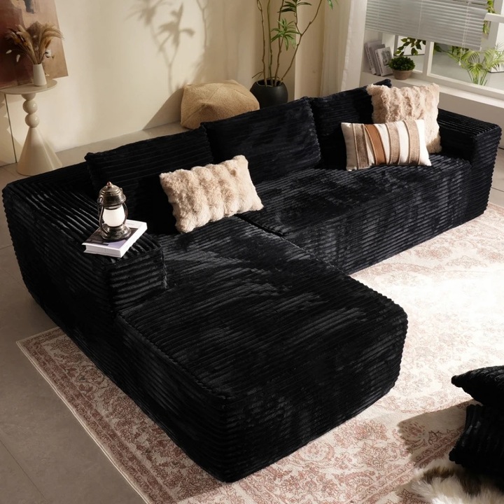 Canapea Modulara, MOBATELIER®, Velur, 268x175x62 cm, Negru