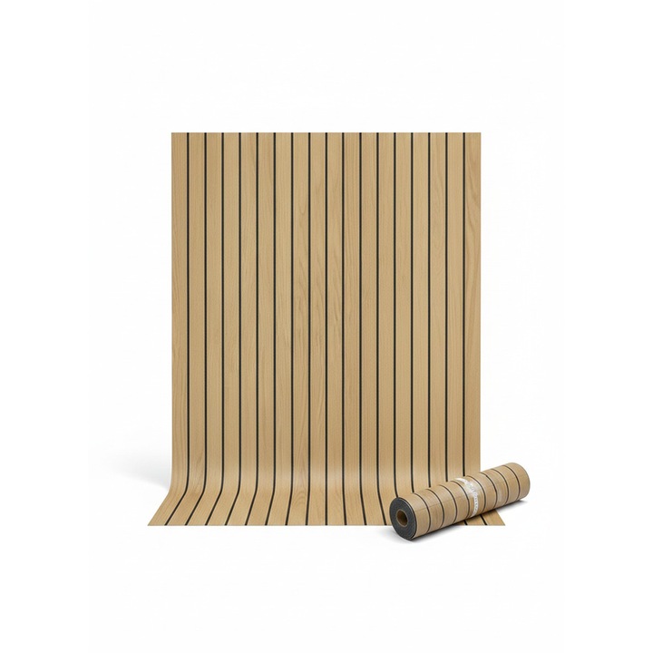 Rola tapet autoadeziv premium tip riflaj NEXTLY, imitatie lemn, rezistent la apa, spuma moale si pvc, 3 mm grosime, adeziv puternic, 60x300cm, maro deschis