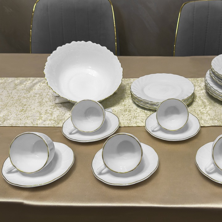 Set serviciu masa Opal 31 piese, 6 persoane, alb cu margine aurie, farfurii si cesti incluse, model Premium ZLine, elegant, ideal pentru cadou