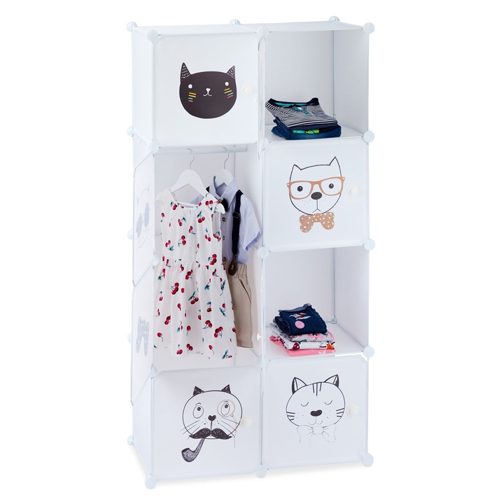 Рафт за съхранение за детска стая Relaxdays, 74 x 36.5 x 145 см, 8 врати, Модел котка, Модулен, Пластмасов, Бял
