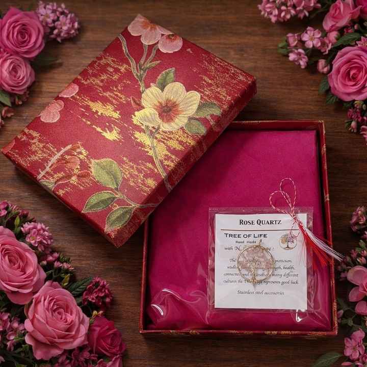 Set esarfa roz si Pandantiv “Copacul vietii” format din Cuart Roz