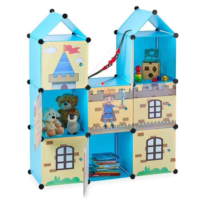 Модулен рафт за детска стая Relaxdays, 110 x 37 x 128 см, Модел замък, 8 врати, Пластмаса, Многоцветен