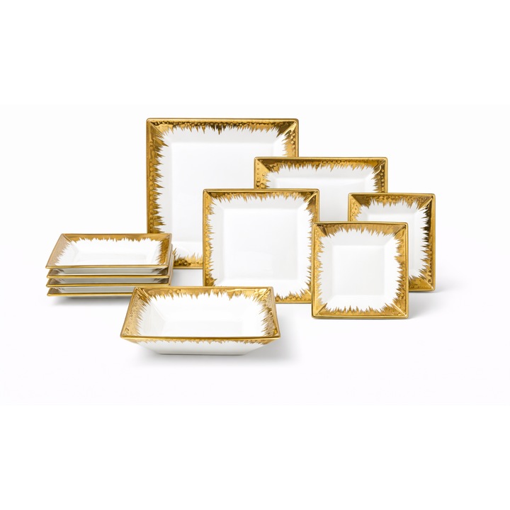 Set farfurii ceramica 18 piese, serviciu masa 6 persoane, alb cu auriu, model Luxury, design elegant, premium