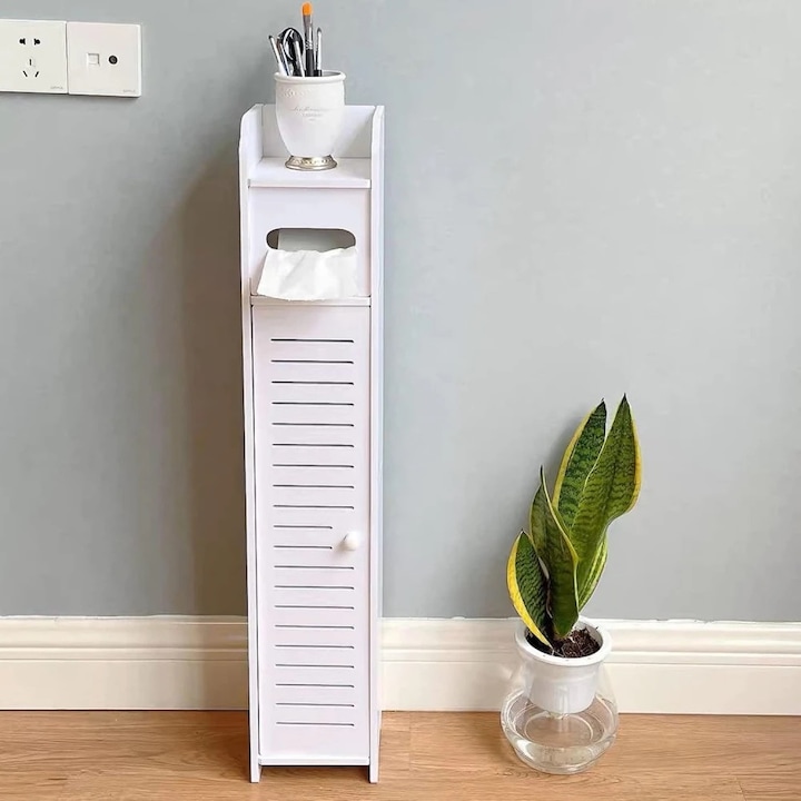 Dulap Depozitare MOBATELIER®, 15x17x80 Cm, Dulap Ingust Multifunctional Din Lemn Compozit Cu Rafturi Deschise Si Usi Inchise, Suport Hartie Igienica Integrat, Design Modern Pentru Baie Dormitor Hol Sau Birou, Structura Rezistenta Si Impermeabila, Alb