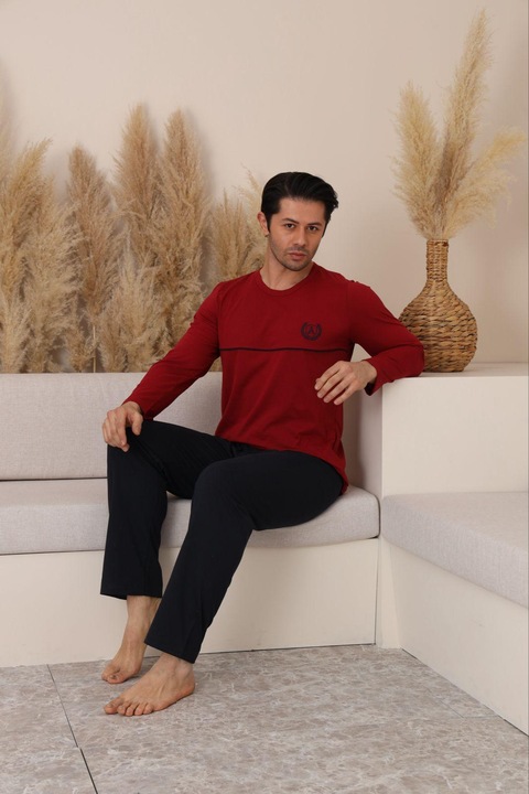 Pijama barbati 100% bumbac, set bluza cu pantaloni lungi bordo, Bordeaux