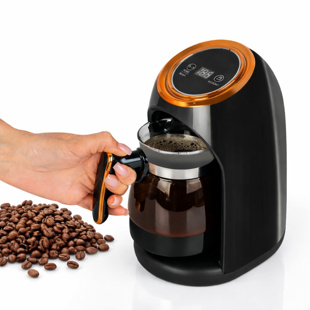 Cafetiera Electrica Macvi® Tip Ibric pentru Cafea Turceasca, 600W, 0, 3L, Display LCD, Negru/Auriu, Multifunctionala