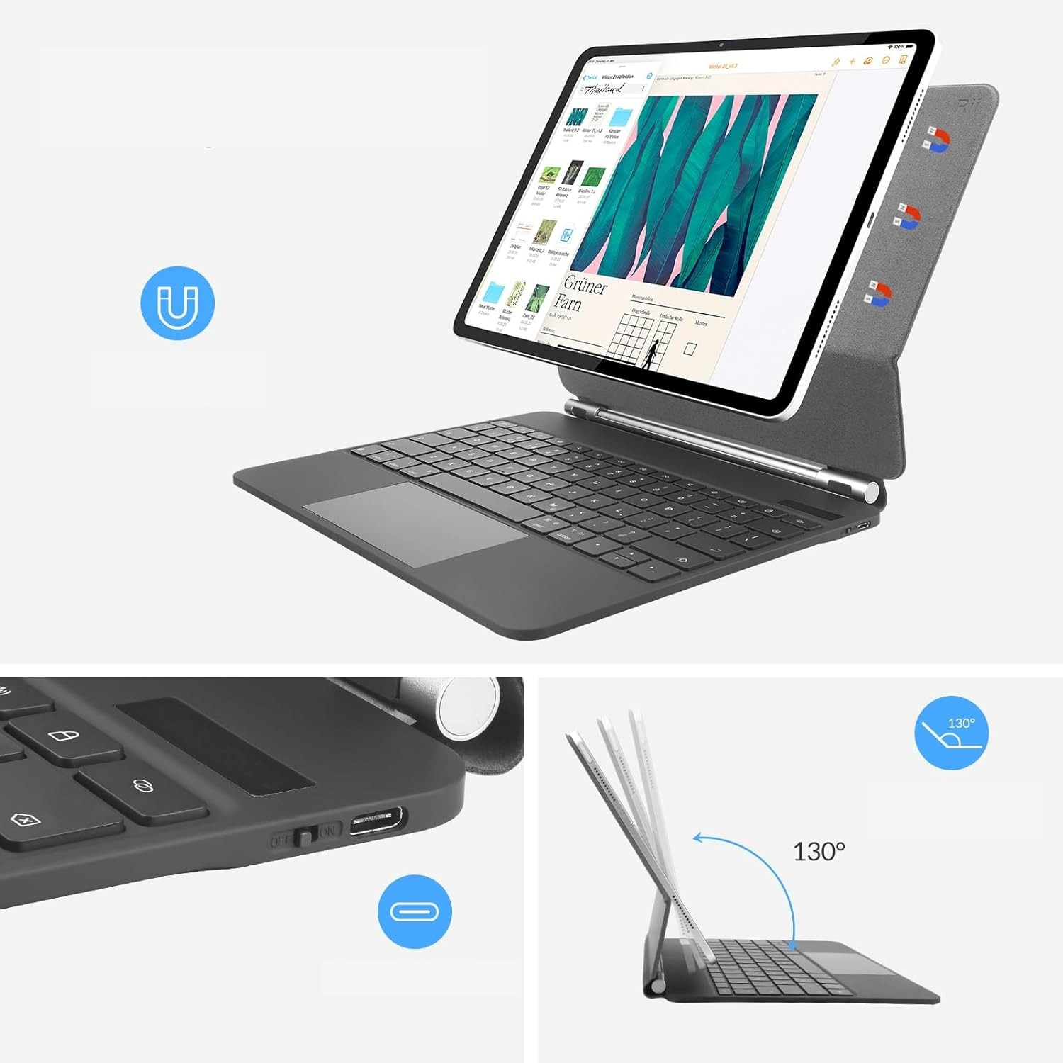 Husa tableta cu tastatura si touchpad pentru iPad Pro 12.9, model Rii HL129, design elegant, dimensiuni compacte