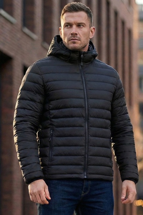 Geaca de Fas pentru Barbati marime mare, cu gluga detasabila, buzunare cu fermoar negru, Negru