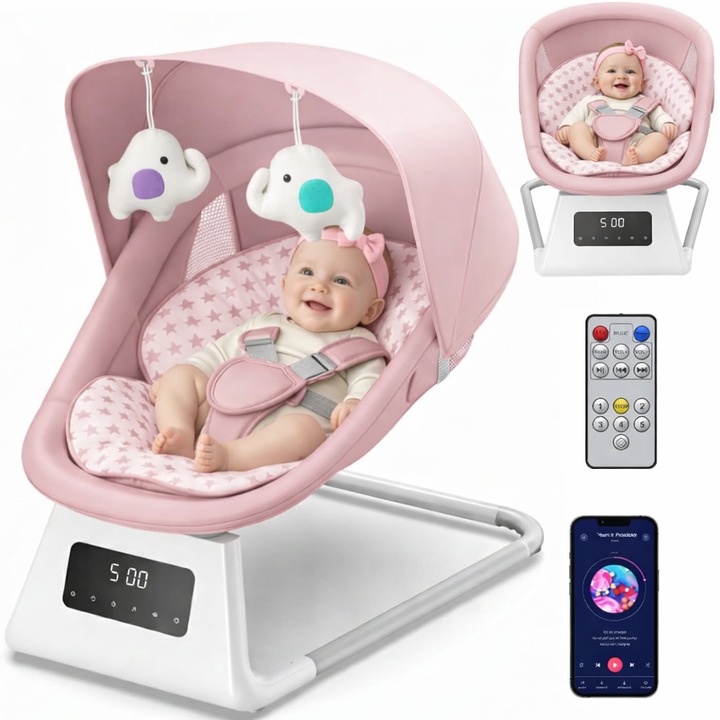 Leagan si Balansoar Electric 3D Motion BabyHug™ cu Telecomanda si Functie Bluetooth, Panou Digital Easy Touch, 5 Moduri/5 Viteze, Spatar Reglabil, Perna Moale, Baldachin Detasabil, Melodii, Jucarii, Cronometru 8/15/30 min, Centura de Siguranta, Soft Pink