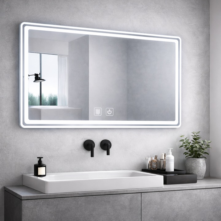 Oglinda Baie LED Inteligenta 750x1000 mm, Alb Mat, Lumina LED Tricolora 3000K 4500K 6000K, Reglabila Touch, Functie Dezaburire Rapida, Montaj Pe Perete, Design Modern Minimalist, Economie Energie, Protectie Umiditate, COMPANIERO