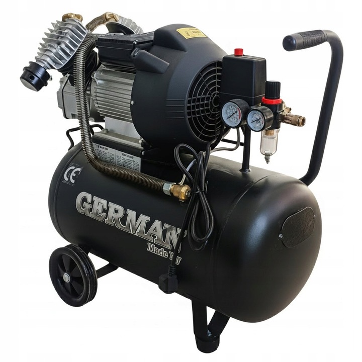 Compresor aer cu ulei GERMAN 50L, 2 cilindri, 430 L/min, negru mat, set complet