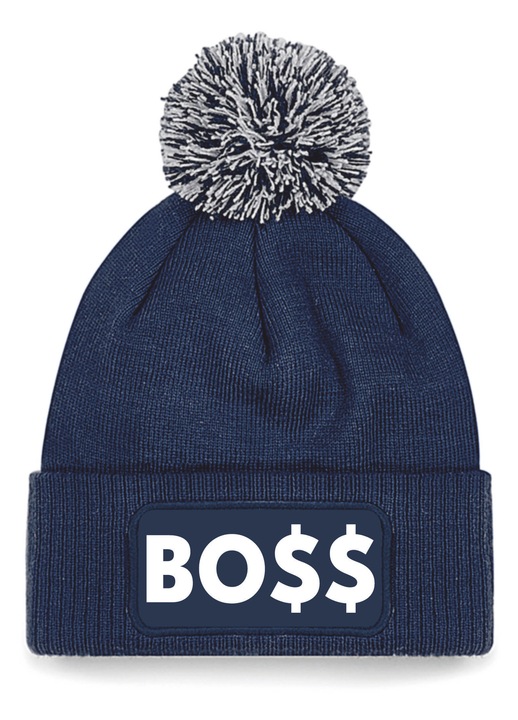 Caciula unisex „BOSS”, bleumarin, cu ciucure, imprimeu alb