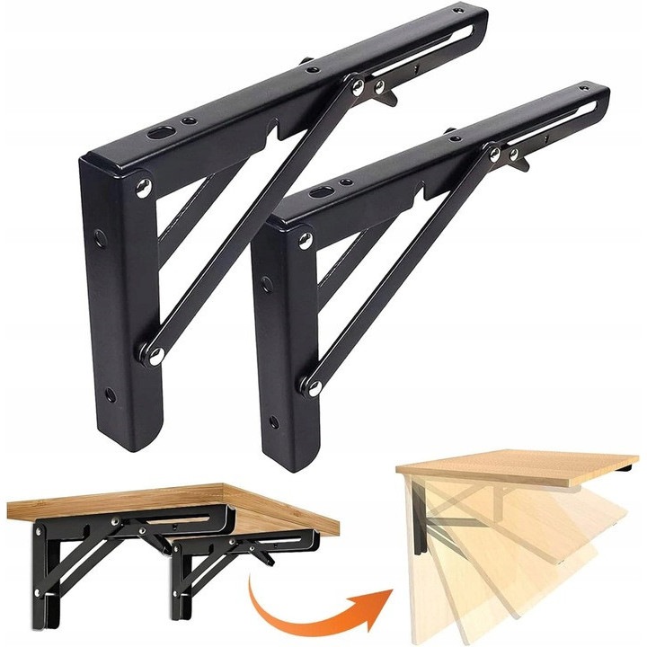 Set de 2 suporturi pentru rafturi pliabile, metalice, 400 mm, negru, suport montat pe perete, capacitate de incarcare 100 kg