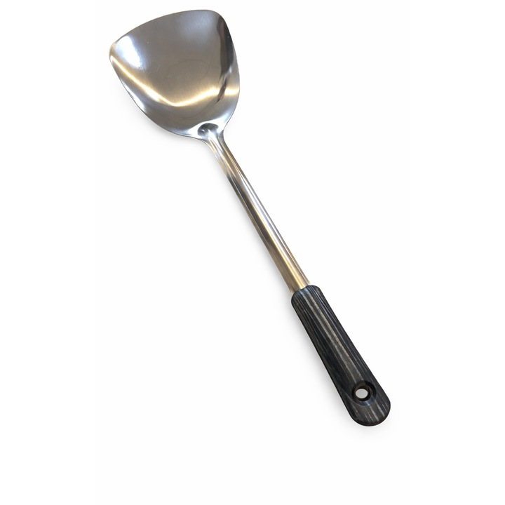 Paleta pentru wok din inox, lingura lata pentru gatit, maner ergonomic cu aspect lemn, cu orificiu de agatare