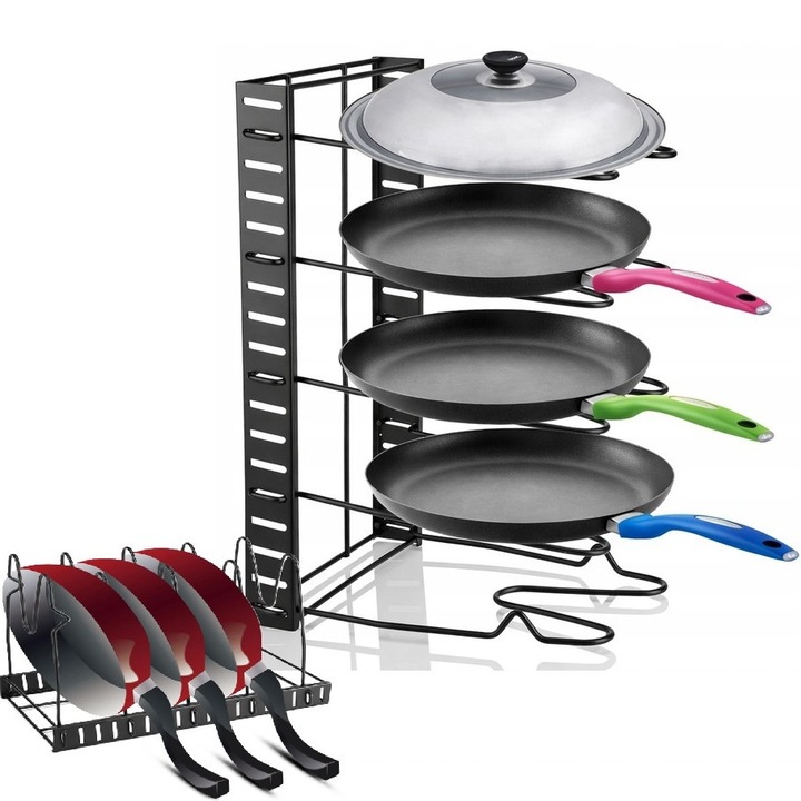 Organizator pentru tigai, oale si capace, Zola, 5 niveluri, reglabil, utilizare verticala/orizontala, metalic, 38x24.5x20.5 cm, negru