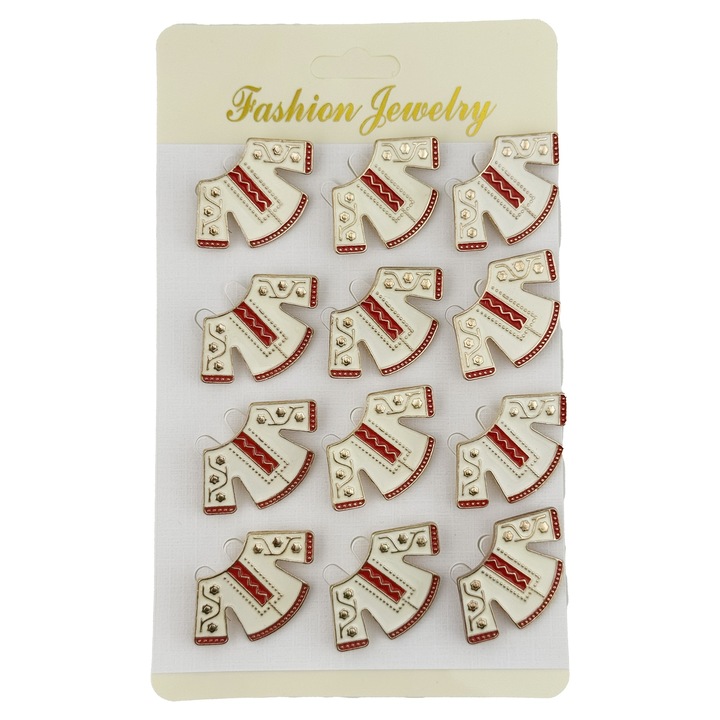 Set 12 Brose Martisor Traditional, Jolie, Haina Traditionala, Metal Lacuit, Alb, 3x2.5cm