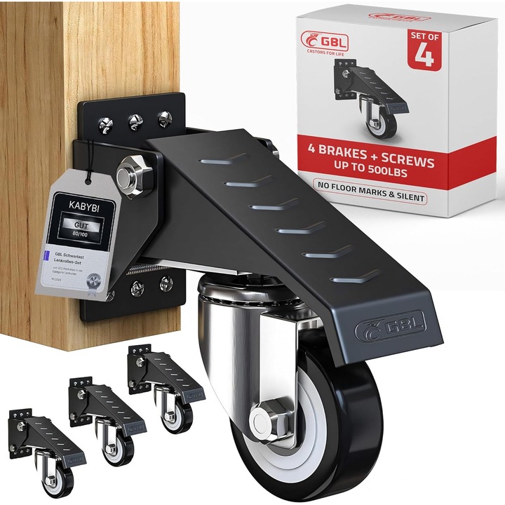 Set 4 roti pentru banc de luru GBL, capacitate de incarcare 225 kg, otel/poliuretan, roti pivotante, cu frane, Negru