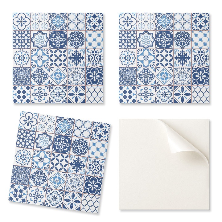 Set 20 Placi decorative din PVC, Coloray, 20x20cm, Autoadeziv, Rezistent la umiditate, Model geometric, Albastru/Alb