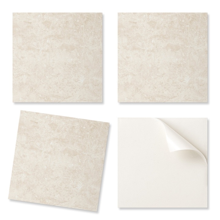 4 darabos készlet, Coloray öntapadós vinil padlólapok, PES hálóval erősített PVC, 1,6 mm vastag, nedvességálló, világos bézs, 4 x 50x50 cm
