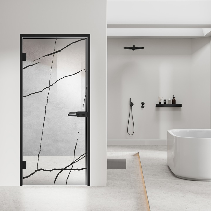 Usa batanta Studio Black, model Marble negru pentru gol 80x198 cm cu toc Z pentru interior, sticla 8 mm clara, securizata