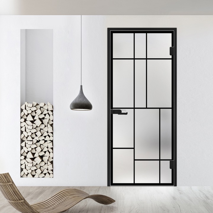 Usa batanta Studio Black, model Urban negru pentru gol 80x198 cm cu toc L pentru interior, sticla 8 mm mata, securizata