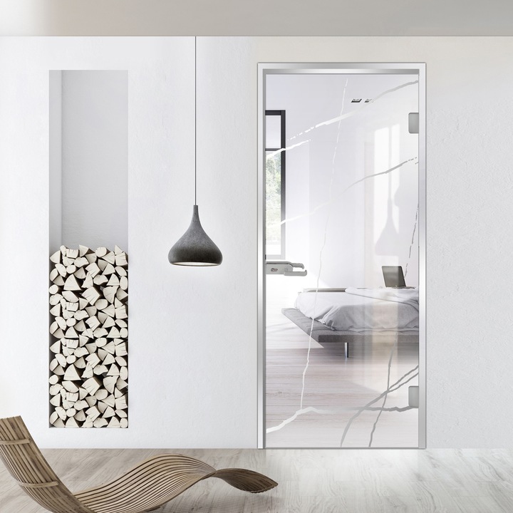 Usa batanta Studio Silver, model Marble incolor pentru gol 90x198 cm cu toc L pentru interior, sticla 8 mm clara, securizata