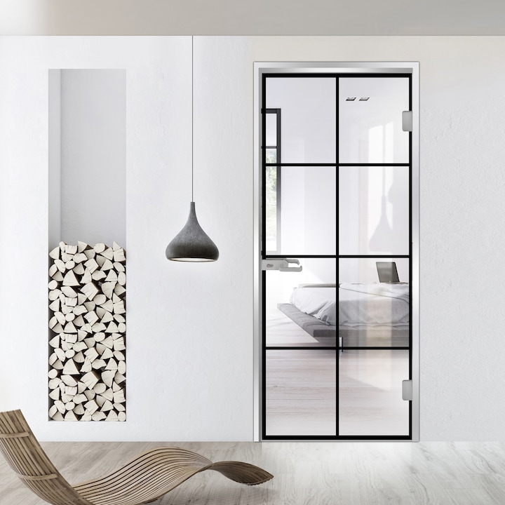 Usa batanta Studio Silver, model Rezidence negru pentru gol 90x198 cm cu toc L pentru interior, sticla 8 mm clara, securizata