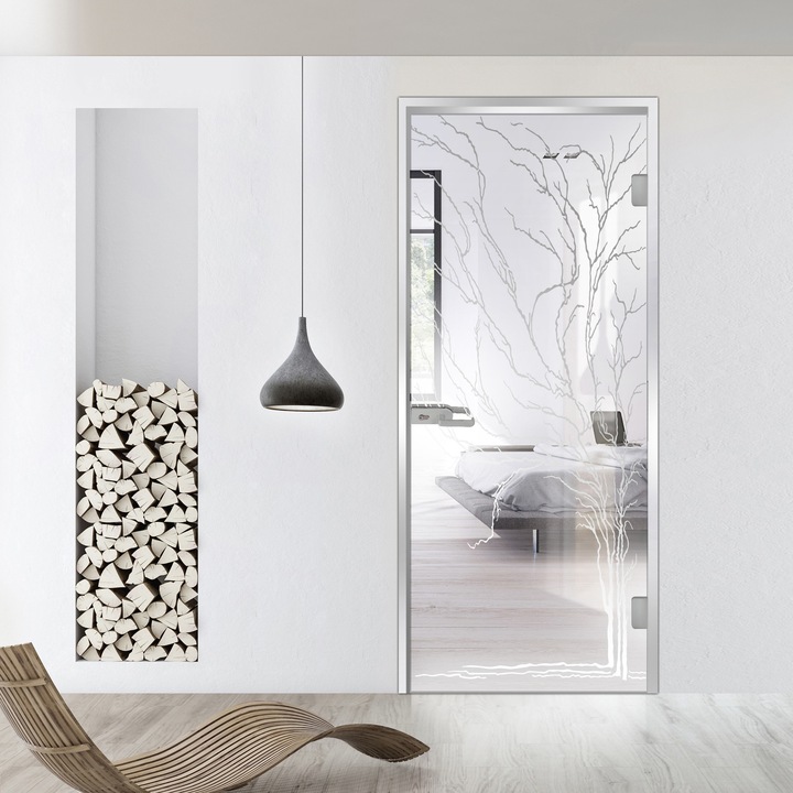 Usa batanta Studio Silver, model Tree incolor pentru gol 80x198 cm cu toc Z pentru interior, sticla 8 mm clara, securizata