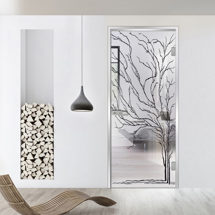 Usa batanta Studio Silver, model Tree negru pentru gol 70x198 cm cu toc Z pentru interior, sticla 8 mm clara, securizata