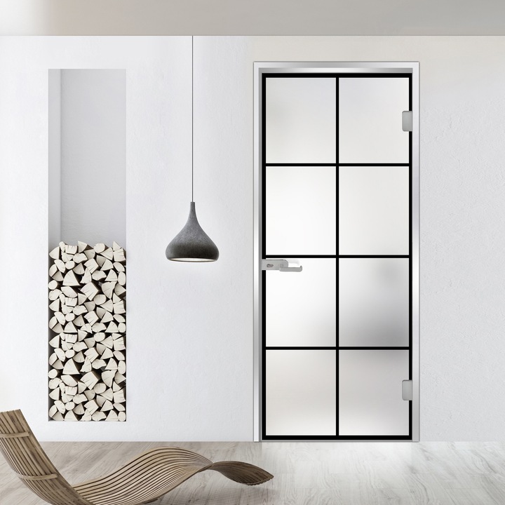 Usa batanta Studio Silver, model Rezidence negru pentru gol 80x198 cm cu toc L pentru interior, sticla 8 mm mata, securizata