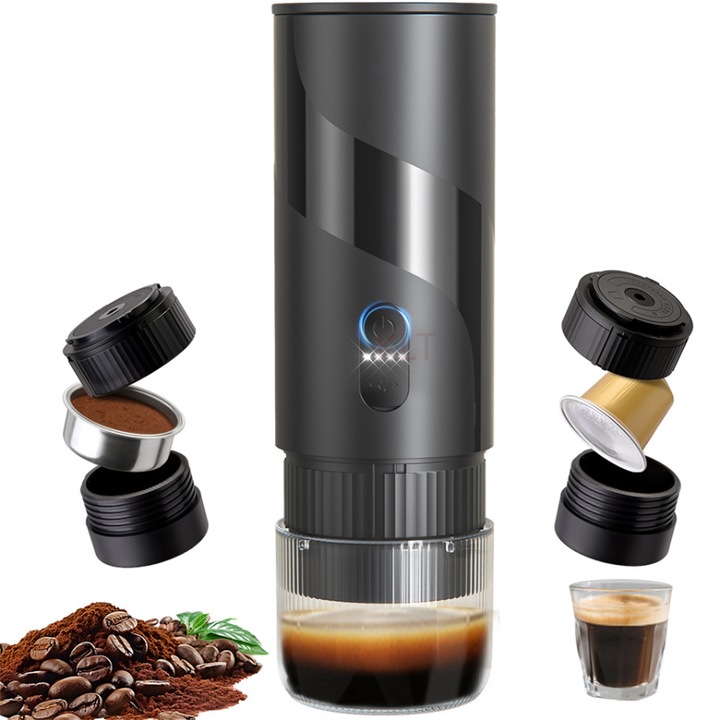 Преносим Еспресо Апарат 2 в 1, NUVORA, Премиум, Мляно Кафе или Капсули, Презареждаем, Налягане 20 Бара, Батерия 1500mAh, Преносима Кафемашина, Бързо Зареждане в Кола или Мрежа, Лесен за Използване