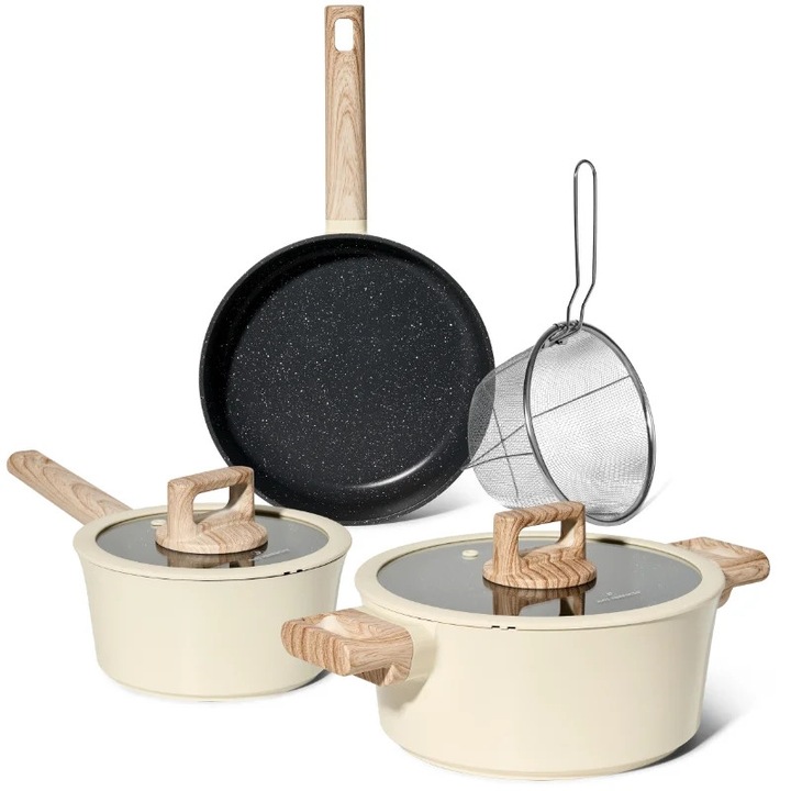 Set cratite, cos de prajit si tigaie Just Perfecto JL-331, 6 piese, Acoperire marmura, Inductie, Capac din sticla cu orificiu pentru abur, Bej